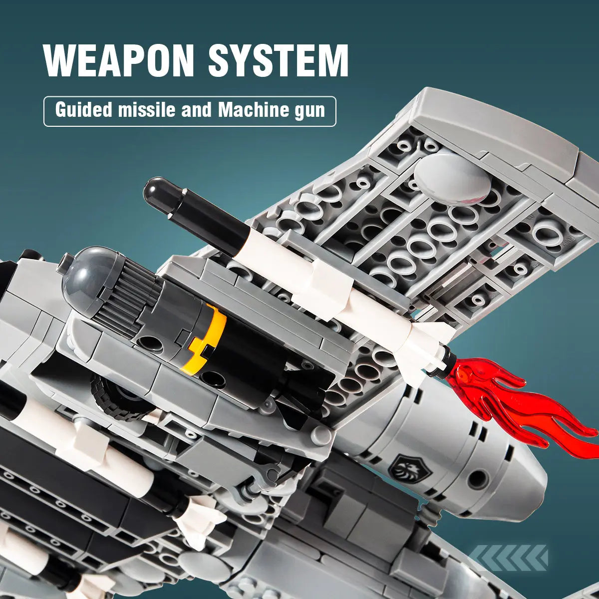 Heavy wing mounted weaponry including guided missiles and rotary cannon details on the DAHONPA A10 Building Blocks model