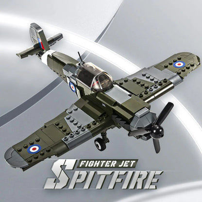 High angle overhead display showcasing the DAHONPA WWII Spitfire aircraft model crafted with interlocking Building Blocks