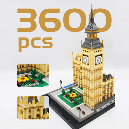 High angle view showcasing the 3600 pieces DAHONPA Big Ben Building Blocks set layout with detailed close up zoom in panels of the garden base and gothic facade