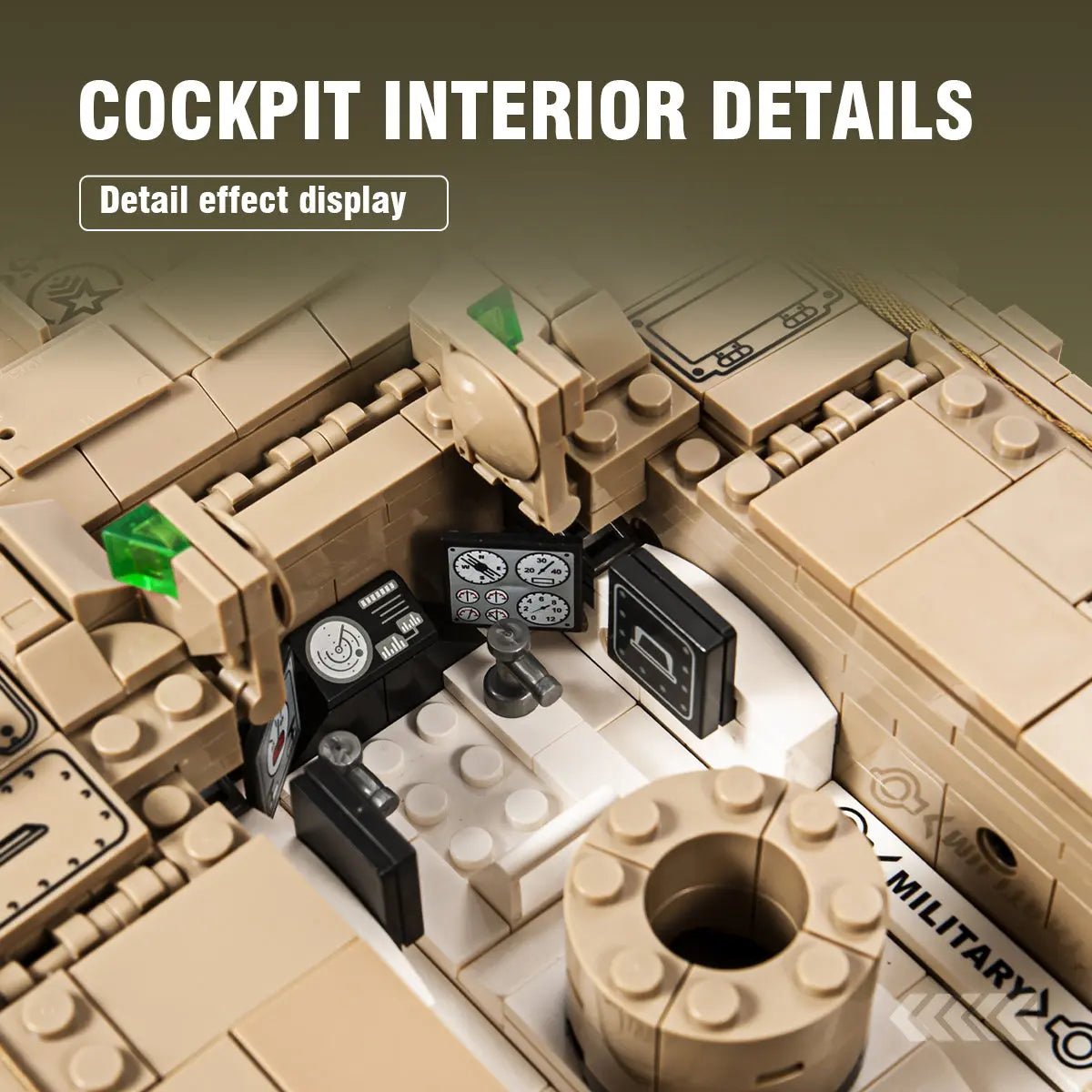 Intricate cockpit interior details showcasing realistic control panels and logic within the DAHONPA military building blocks model
