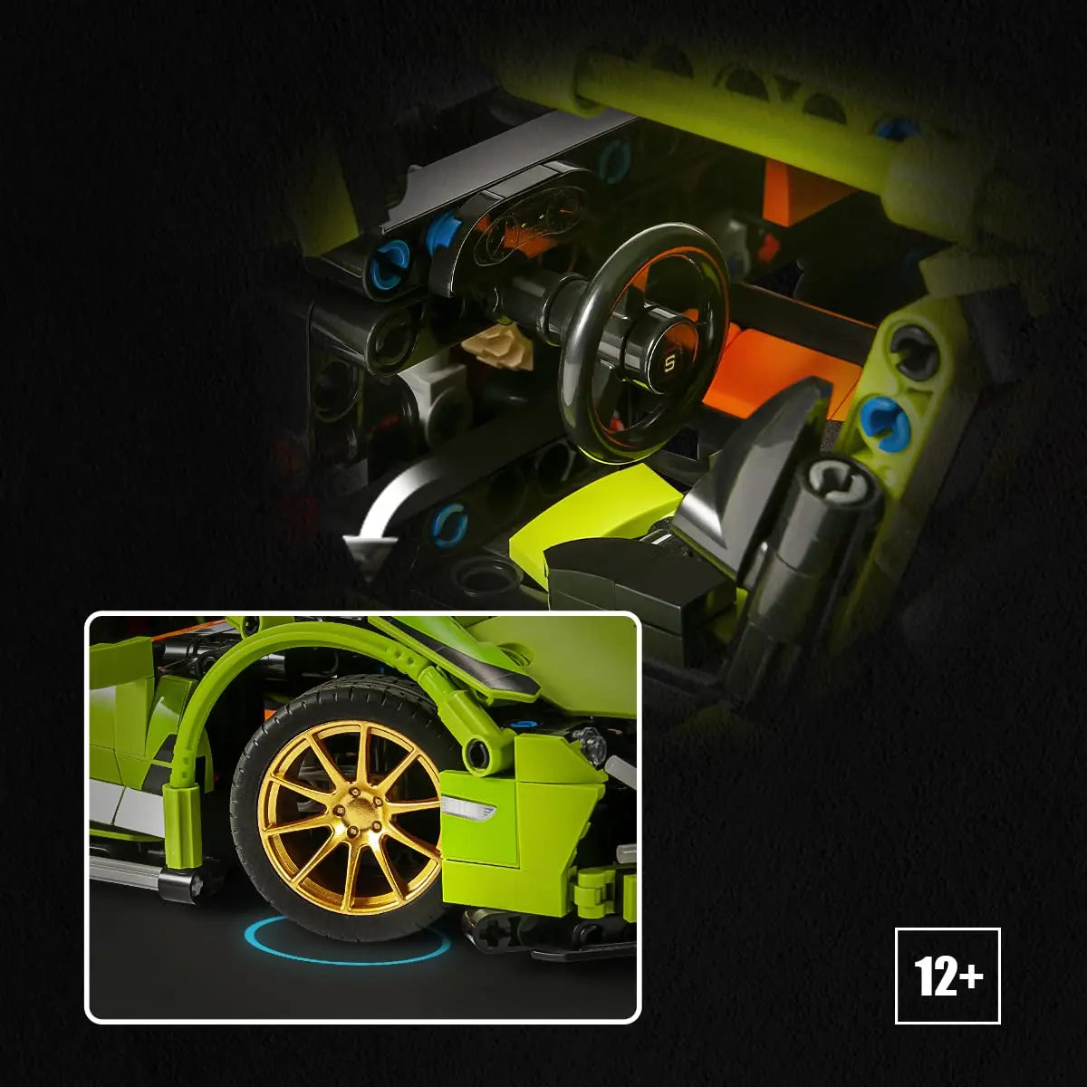 Mechanical diagram demonstrating the steering wheel linkage and front tire turn synchronization inside the DAHONPA Building Blocks car