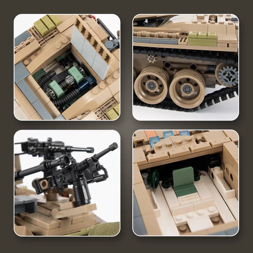 Multi panel feature overview highlighting the internal engine hatch track wheels and machine gun assemblies of the DAHONPA building blocks set