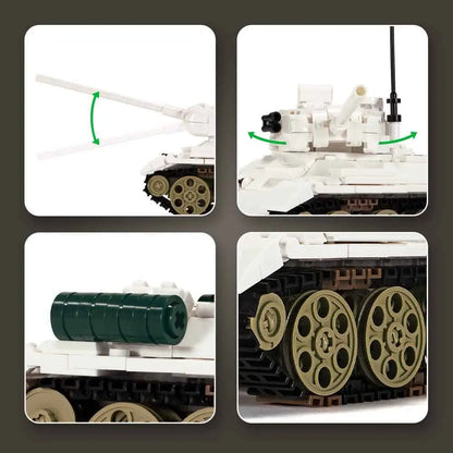 Multi panel mechanical features guide of the DAHONPA military tank building blocks showcasing adjustable gun barrel and turret rotation