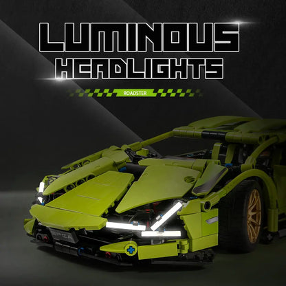 Night view display highlighting the realistic glowing luminous Y shaped matrix headlights on the DAHONPA sports car Building Blocks vehicle