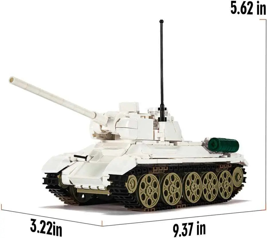 Official product dimension schematic for the DAHONPA T-34 tank building blocks set showing a length of 9.37 inches