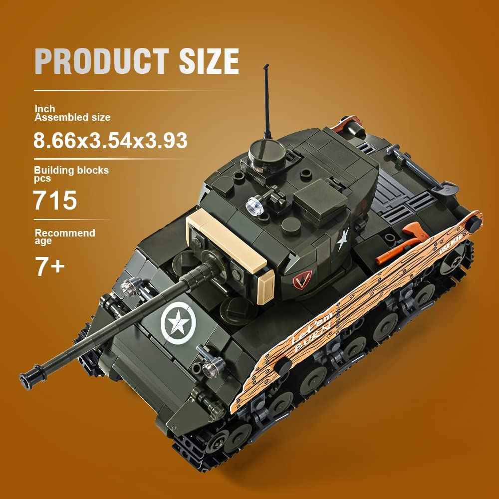 Product dimension and 715 pieces count specification chart for the DAHONPA military tank building blocks set