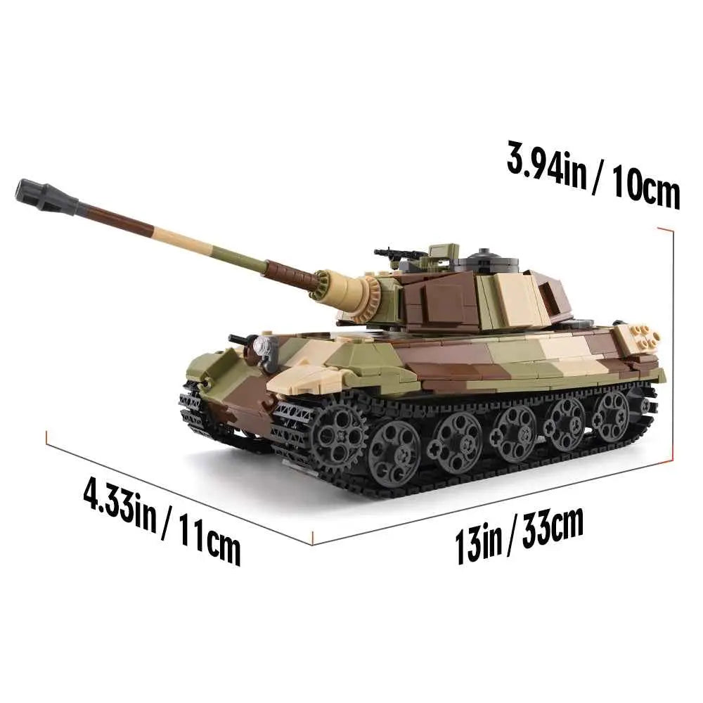 Product dimension schematic chart of DAHONPA King Tiger tank building blocks model displaying its 13 inch hull length