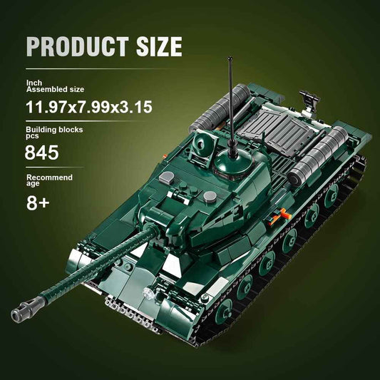 Product dimensions and 845 pieces count specification layout for the DAHONPA military tank building blocks set