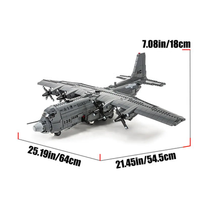 Product dimensions size chart indicating length wingspan and height measurements for the DAHONPA AC130 Aerial Gunboat Building Blocks set