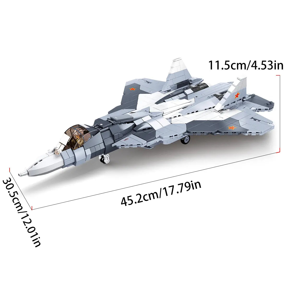 Product size chart with height length and width dimensions for the DAHONPA Su57 Felon Building Blocks airplane model