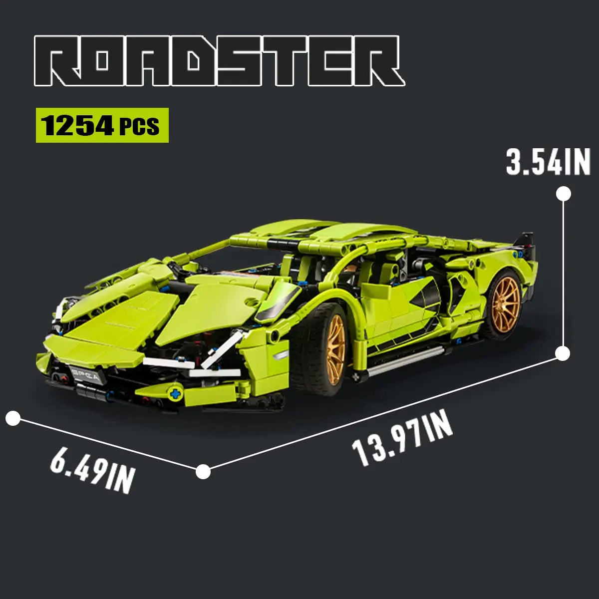 Product size dimension layout poster displaying the 1254 pieces count and exact length measurements of the DAHONPA hypercar Building Blocks model