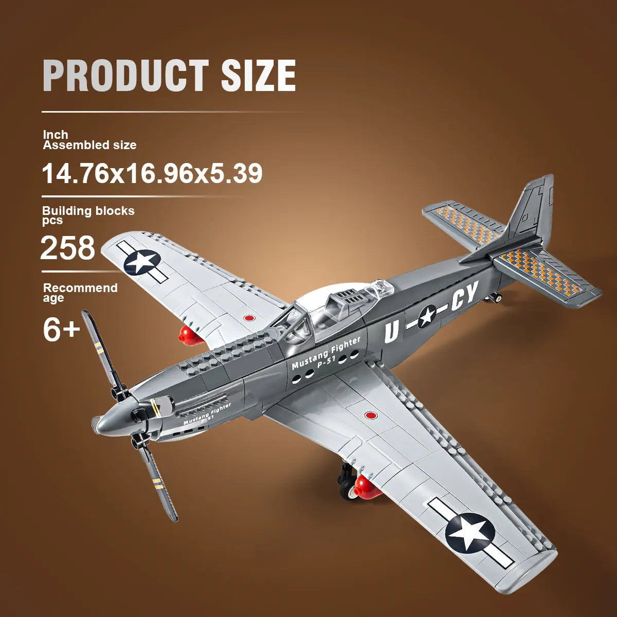 Product size specifications and model dimensions for the 258 piece DAHONPA WWII P51 Mustang fighter Building Blocks set