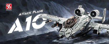Realistic combat terrain background banner showcasing the DAHONPA A10 strategic attack jet Building Blocks model