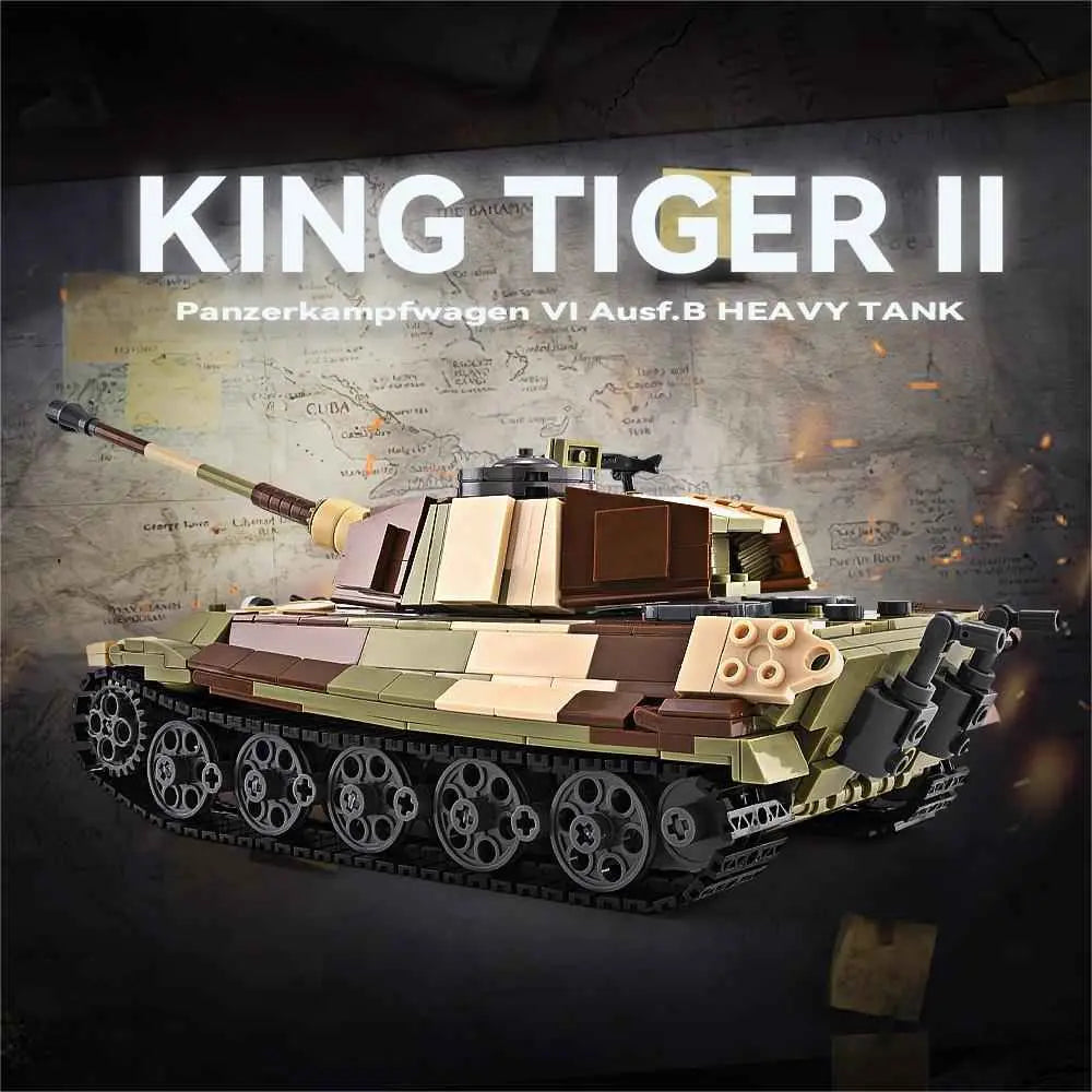 Rear quarter perspective of DAHONPA WW2 Tiger II tank building blocks showcasing the tread and heavy armor layout