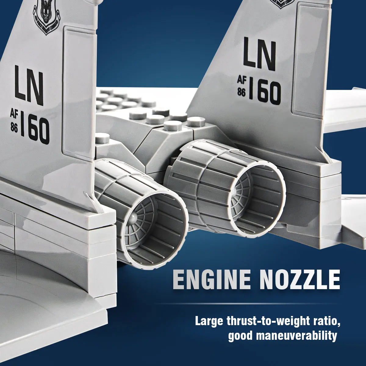 Rear view focusing on the dual engine nozzle exhaust details of the DAHONPA F15 military Building Blocks plane