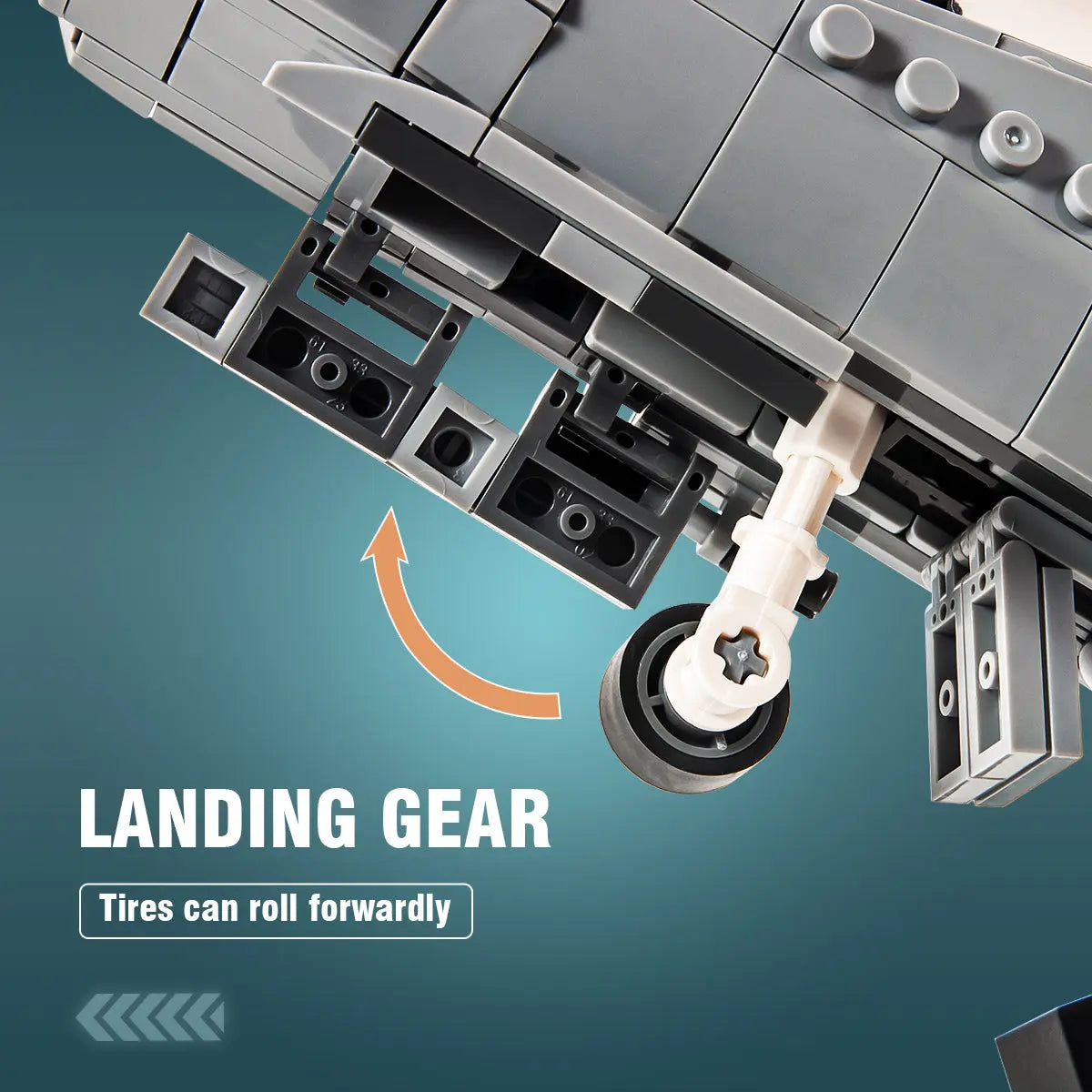 Retractable landing gear mechanics with rolling tires on the DAHONPA A10 military Building Blocks plane