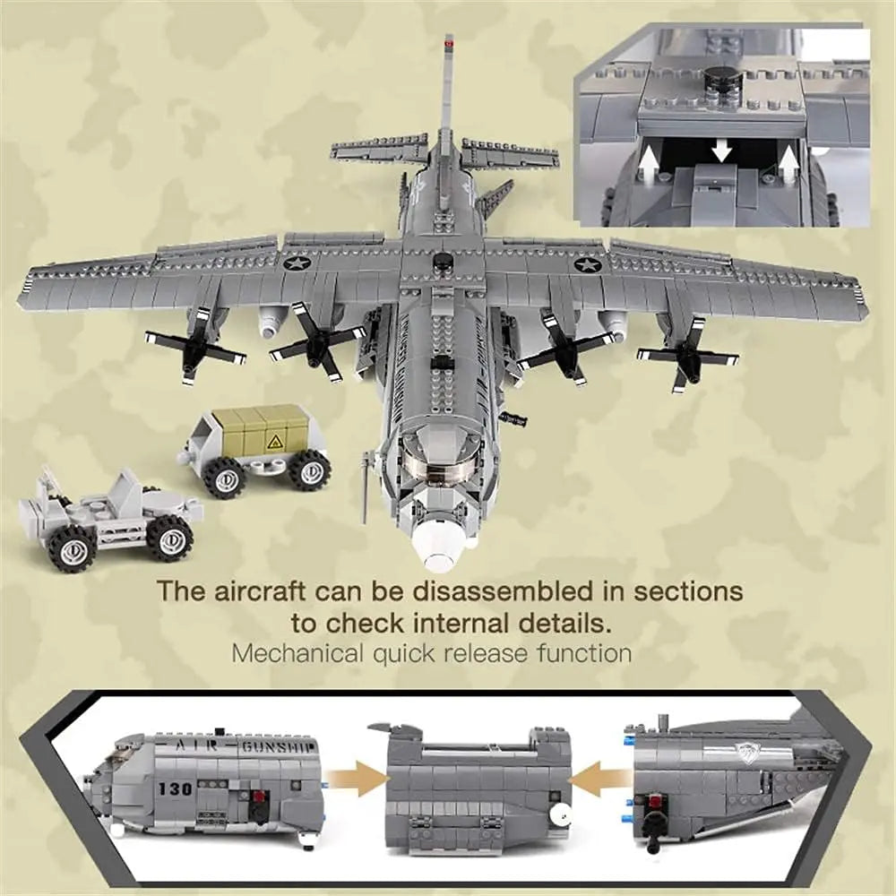 Sectional disassembly demonstration showing the deep internal cockpit details of the DAHONPA AC130 heavy fighter Building Blocks model