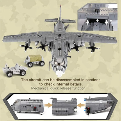 Sectional disassembly demonstration showing the deep internal cockpit details of the DAHONPA AC130 heavy fighter Building Blocks model