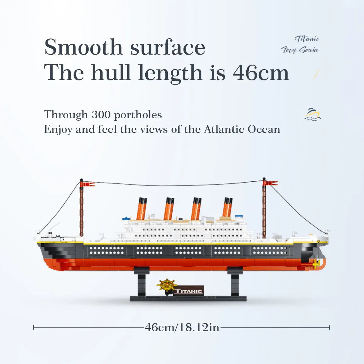 Side view dimension anatomy chart of DAHONPA Titanic building blocks model featuring 46cm hull length