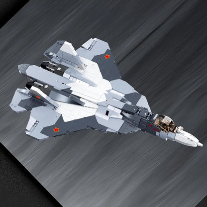 Sleek aerodynamic flight pose display of the completed DAHONPA Su57 Felon tactical stealth jet Building Blocks collectible