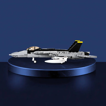 Sleek side profile display of the finished DAHONPA FA18E fighter jet Building Blocks set on a showroom pedestal