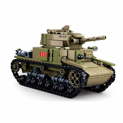 Studio display of the completed DAHONPA WW2 tactical vehicle model highlighting realistic tracks and turret detailing made of building blocks
