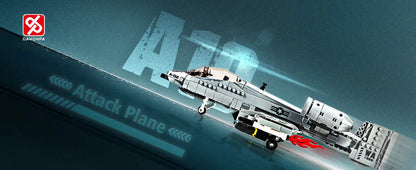 Stylized technical schematic banner illustration for the DAHONPA A10 thunderbolt attack plane Building Blocks set
