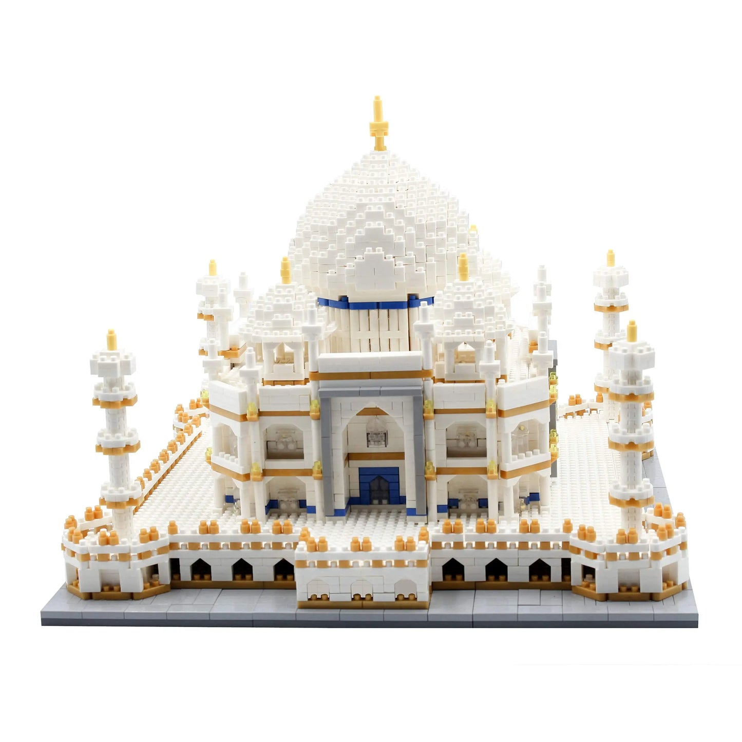 Symmetrical front elevation view showcasing the elegant ivory dome and majestic minarets of the completed DAHONPA micro Building Blocks monument