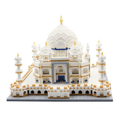Symmetrical front elevation view showcasing the elegant ivory dome and majestic minarets of the completed DAHONPA micro Building Blocks monument