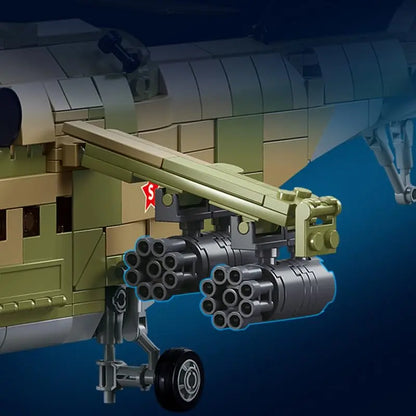 Tactical weapon payload featuring detailed rocket pods and heavy armament mounted on the wings of the DAHONPA MI-24S Building Blocks plane