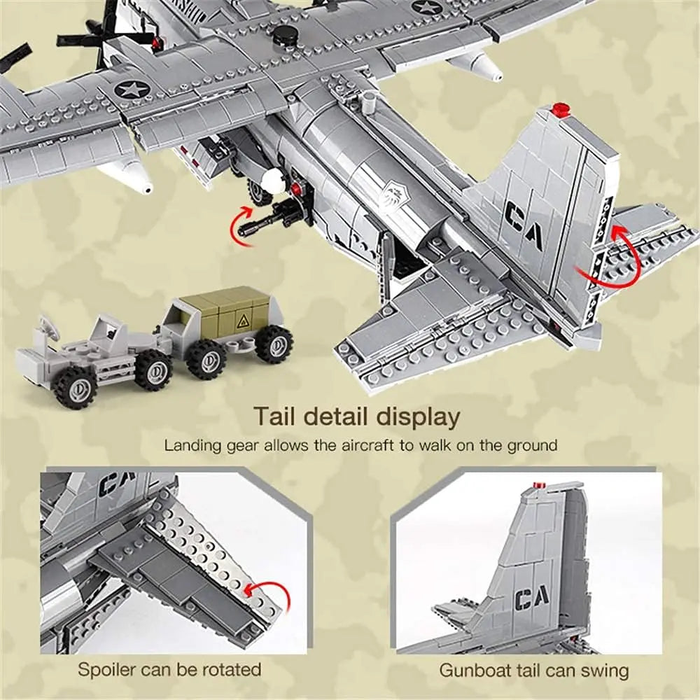 Tail detail display highlighting the adjustable swinging tail assembly and movable wing spoilers on the DAHONPA AC130 Building Blocks plane