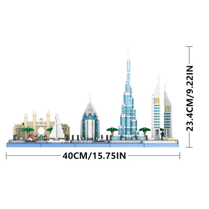 Technical dimension diagram showing forty centimeters length and over twenty three centimeters height measurements for the completed DAHONPA Building Blocks replica