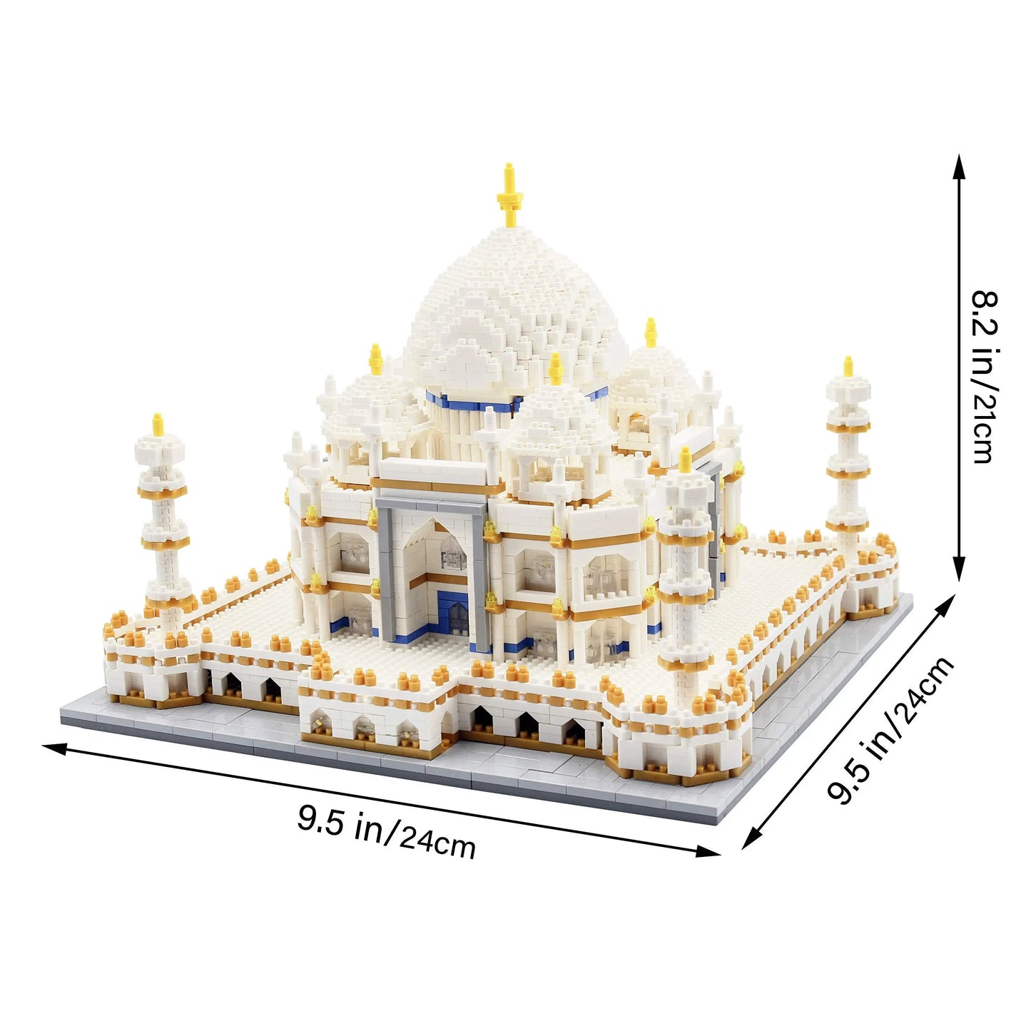 Technical measurement blueprint showing the precise nine point five inch width and eight point two inch height dimensions of the DAHONPA Taj Mahal Building Blocks set