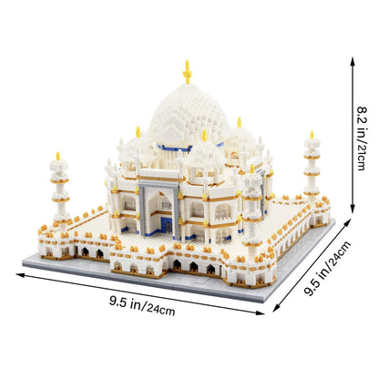 Technical measurement blueprint showing the precise nine point five inch width and eight point two inch height dimensions of the DAHONPA Taj Mahal Building Blocks set