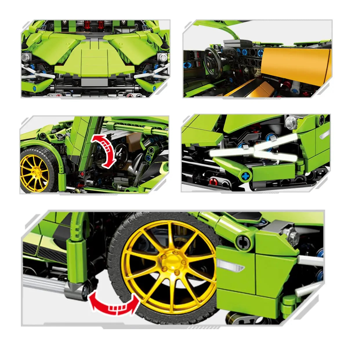 Technical multi panel detail illustration showcasing the hood mechanical linkages and front wheel steering of the DAHONPA Building Blocks car
