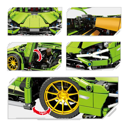 Technical multi panel detail illustration showcasing the hood mechanical linkages and front wheel steering of the DAHONPA Building Blocks car