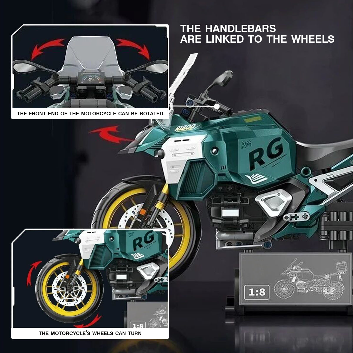 DAHONPA Locomotive Series 1:8 Scale Sports Motorcycle Building Block Set – 831 Pieces, Realistic Adventure Bike Model with Display Stand