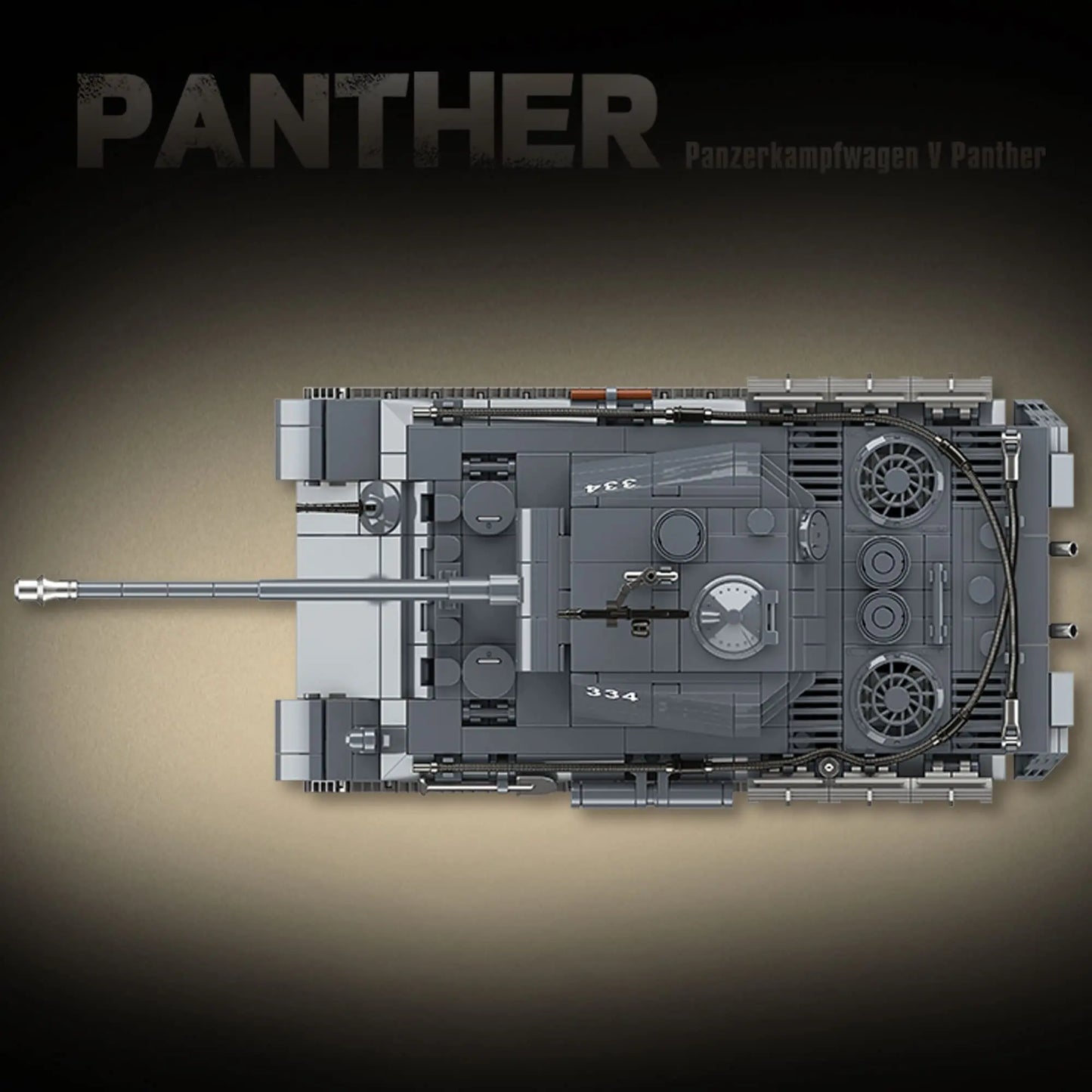 Top down vertical layout displaying the upper hull structure and sloped armor distribution of the DAHONPA Panther tank building blocks set