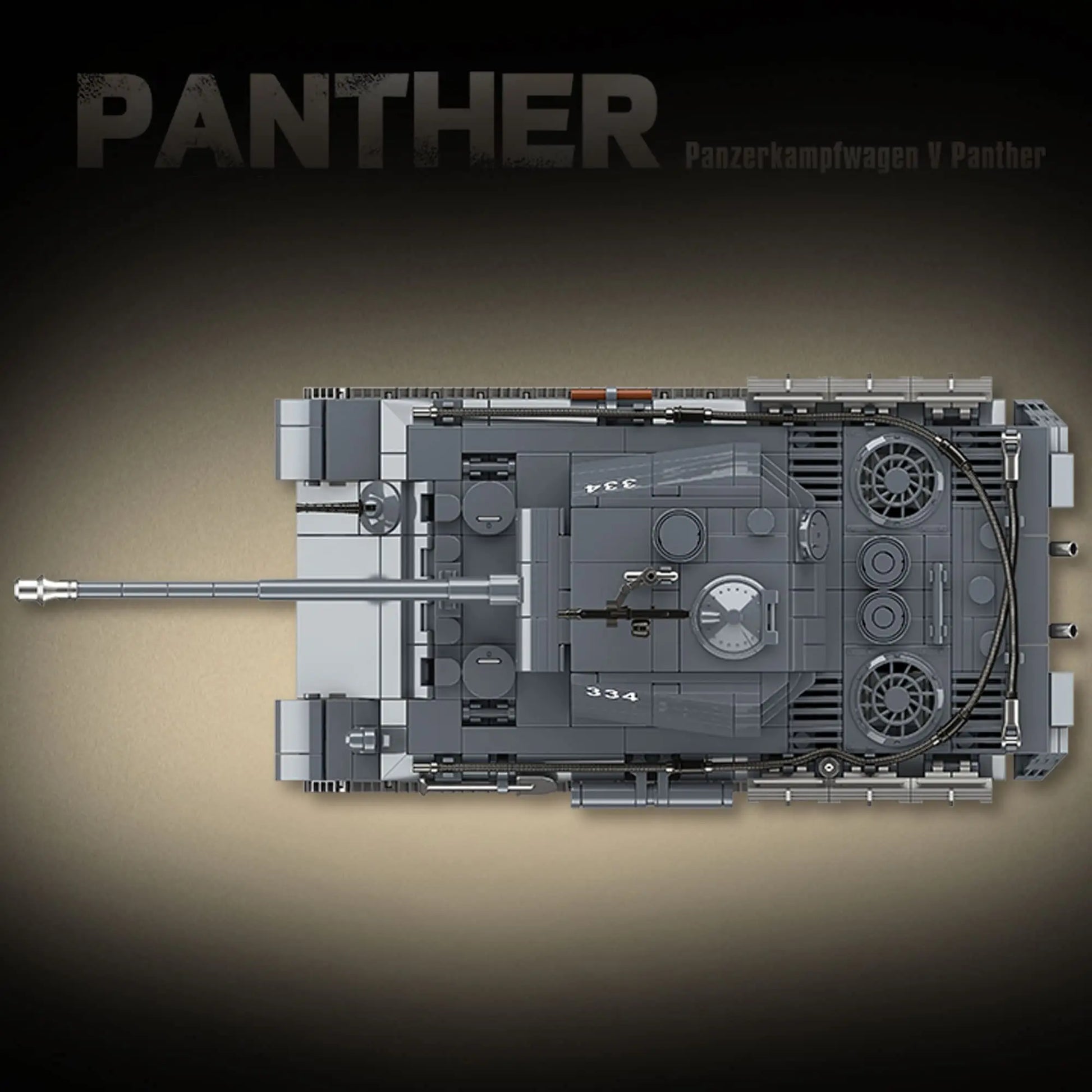 Top down vertical layout displaying the upper hull structure and sloped armor distribution of the DAHONPA Panther tank building blocks set