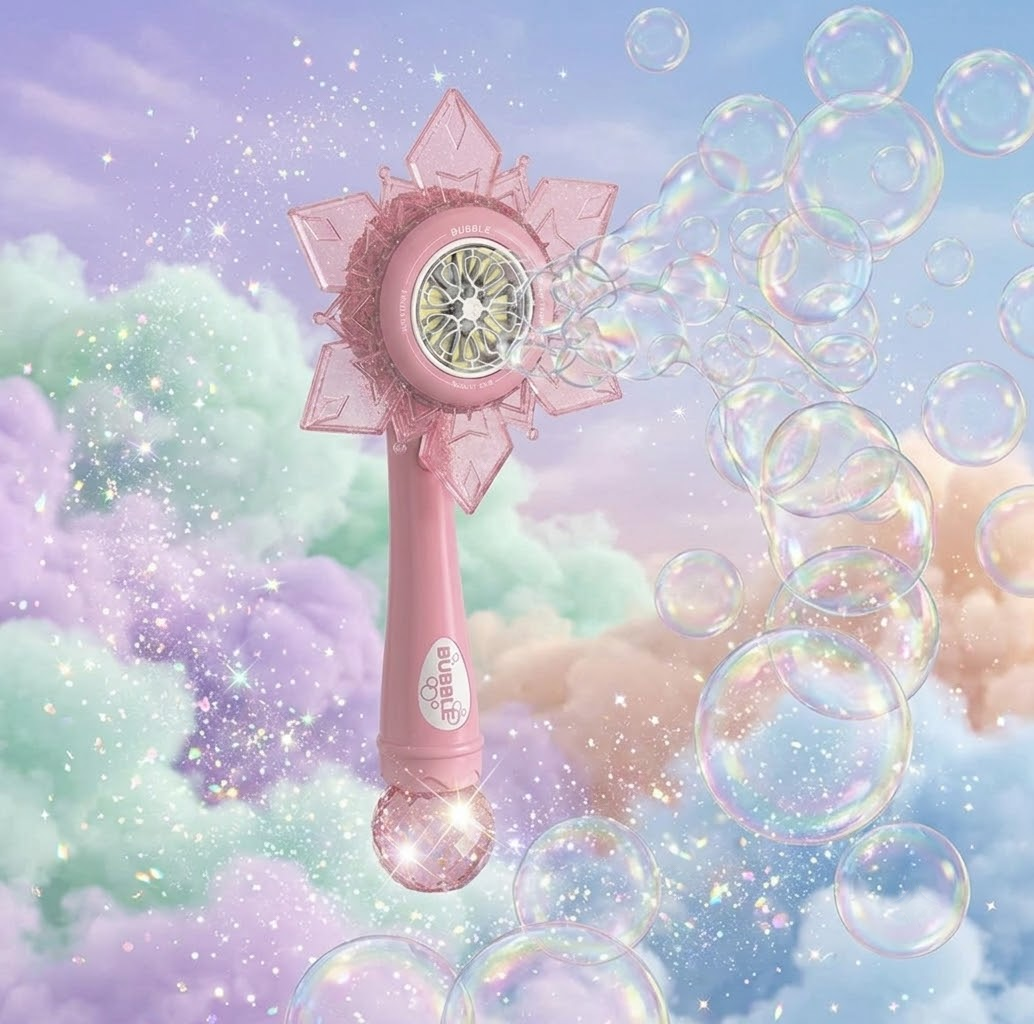 DAHONPA Rechargeable Snowflake Bubble Wand for Kids – Pink Princess Bubble Blower Toy with Battery & Bubble Solution