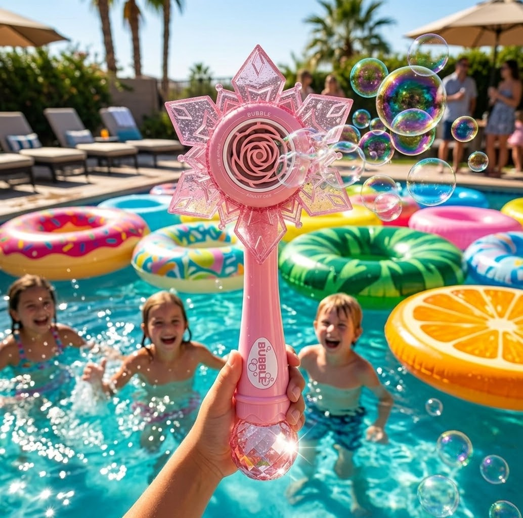 DAHONPA Rechargeable Snowflake Bubble Wand for Kids – Pink Princess Bubble Blower Toy with Battery & Bubble Solution