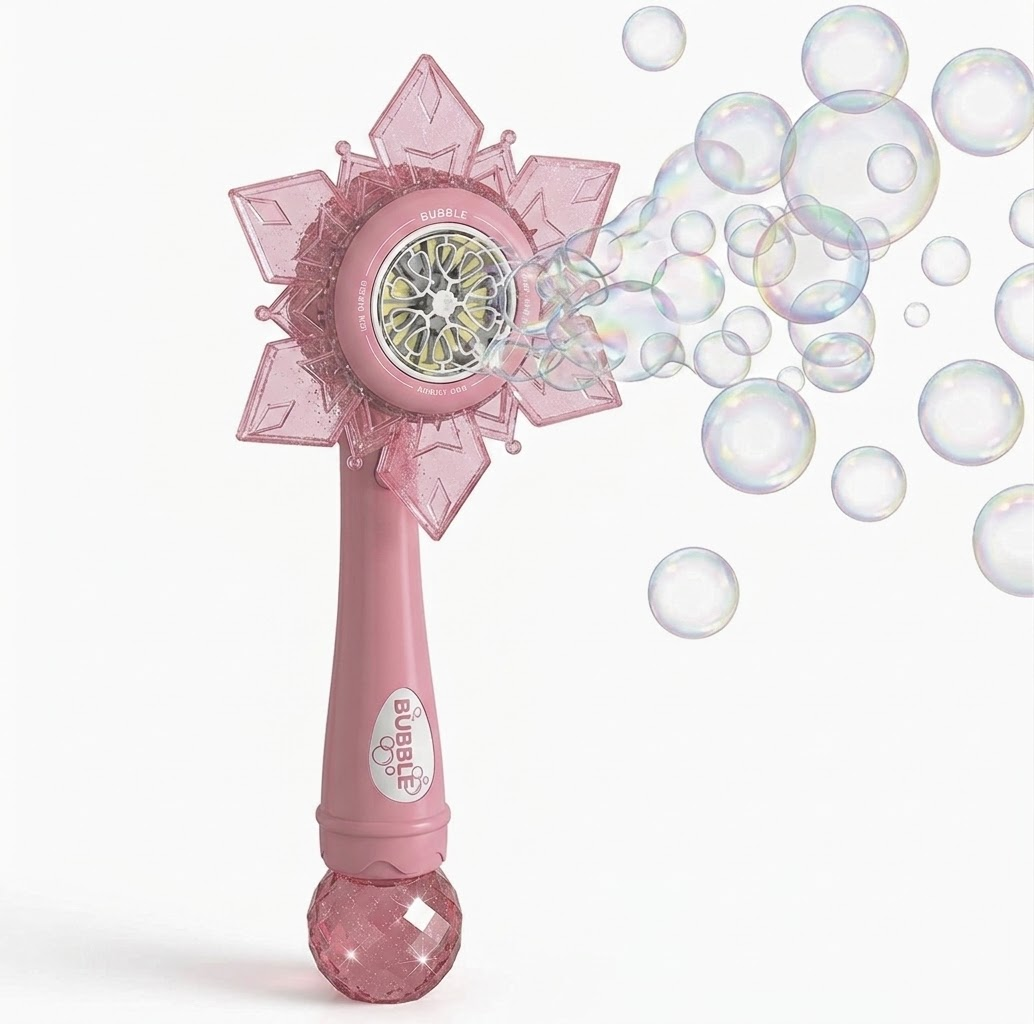 DAHONPA Rechargeable Snowflake Bubble Wand for Kids – Pink Princess Bubble Blower Toy with Battery & Bubble Solution